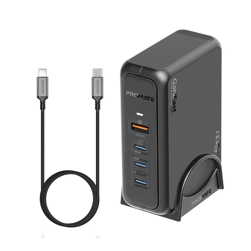 Promate 140W Super Speed | GanFast Charging Station with Power Delivery 3.1 and Quick Charge 3.0